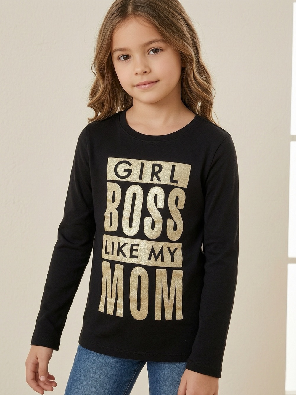 Place Black Long-Sleeve Tee with Gold 'GIRL BOSS LIKE MY MOM' Graphic